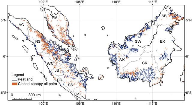 Distribution of closed-canopy oil palm plantations and tropical peatlands in the lowlands of Peninsular Malaysia, Borneo, and Sumatra. Koh, ey al., 2011 / mongabay.com