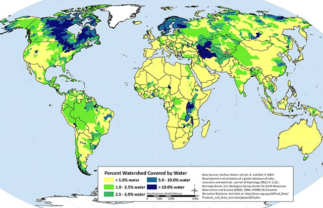 Global percentage of watershed covered by water, 2011. At 197 million acres, the surface area of Canada’s boreal lakes and rivers alone are larger than all but 36 countries. According to a new report by the Pew Environment Group, Canada’s boreal forest contains the world’s largest and most pristine freshwater ecosystem on Earth. Global Forest Watch Canada / pewenvironment.org