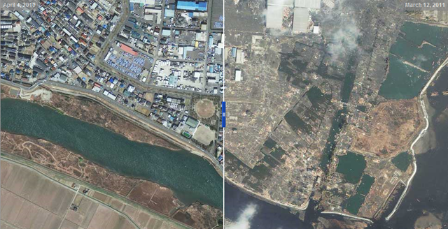 Satellite views of Sendai, 4 April 2010 (left) and 12 March 2011 (right). Sendai's city center, about 7 miles inland, remained largely intact after the quake, but there was massive damage along the coast. Digital Globe / nytimes.com