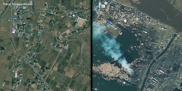 Satellite views of Natori, Miyagi prefecture before the 11 March 2011 tsunami (left) and after (right). GeoEye / guardian.co.uk