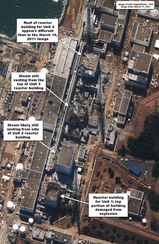Satellite image of Fukushima nuclear site, 17 March 2011. Steam continues to vent out of the top of the Unit 3 reactor building.  Steam also appears to be continuing to vent out of the side of the Unit 2 reactor building. DigitalGlobe / isis-online.org