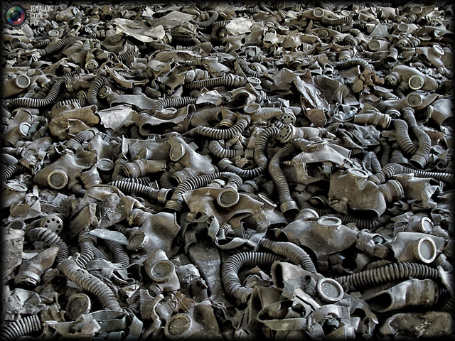 Discarded gas masks in Pripyat, 2011, 25 years after the Chernobyl explosion. David Schindler