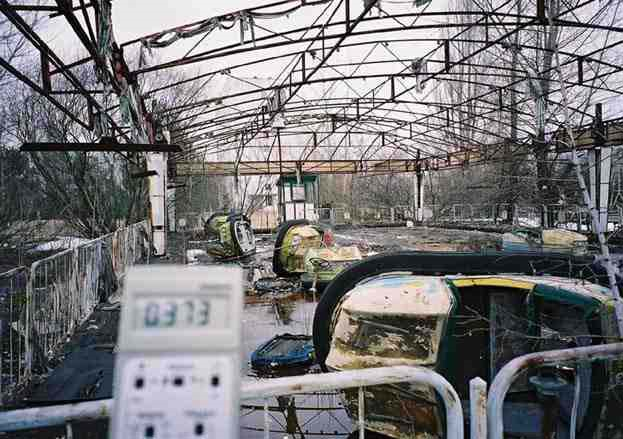 The park is the most radioactive section of Pripyat because it is directly in front of the Chernobyl atomic plant. Every step toward the little cars adds 100 microroentgen to the geiger counter reading. Elena Filatova / elenafilatova.com