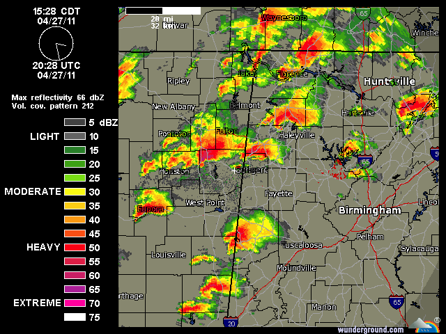 A truly frightening radar image: multiple hook echoes from at least ten supercell thunderstorms cover Mississippi, Alabama, and Tennessee during the height of the April 27, 2011 Super Outbreak. wunderground.com