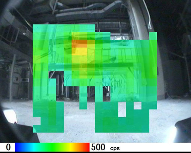 Inside the Reactor Building, Unit 1, Fukushima Daiichi Nuclear Power Station. Gamma camera view from the large equipment service entrance to the south-side airlock, 22 May 2011. Measurement unit is counts per second (cps). TEPCO