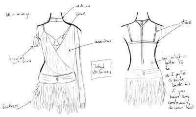 Croquis de mon costume de danse latine à plumes