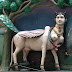 Peacock + white male cow + something with horn + huge bird + human?