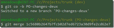 Creating a new branch.  "git co -b PO-changes-deux" then merging changes from the big honking ID for the last commit.