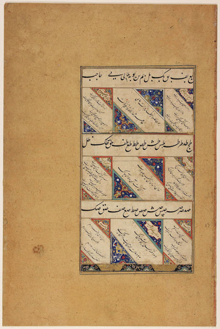 This particular calligraphic fragment creates an illuminated carpet page, which combines letter (mufraddat) exercises on three horizontal lines and Persian poetical excerpts written in diagonal between colored triangular corners (called "thumb pieces").