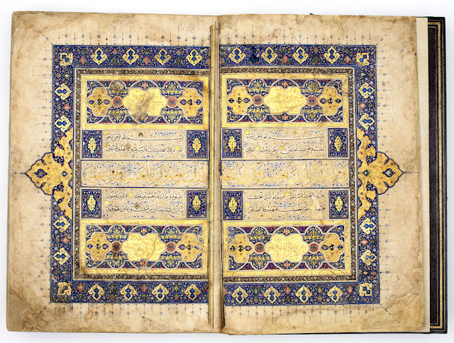 The illumination of the opening spread is in the Timurid Herati style of the late 15th century.Herat or Tabriz, Iran. 1525-1550 A.D. Thuluth and Naskh scripts. 36 x 24.5 cm. Courtesy of the Nasser D Khalili Collection of Islamic Art.