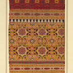 Textile fragment, 14th century; Nasrid, Spain:This silk textile fragment, of which the full loom width (hung vertically) is preserved, displays two scripts. The knotted kufic inscription woven in black repeats the word beatitude and runs on a wide red-ground border. The decorative calligraphy is in harmony with the geometric design of the fabric. The naskhi script, which reads, "good luck and prosperity," is less easily discernible, filling the small cartouches outlined in white lines within the narrower borders on both sides of the larger kufic band. The overall geometric design of the textile has close connections with architectural decoration, especially the stuccowork and wall tiles of Nasrid buildings. Similar woven textiles continued to be produced under Christian patronage after the fall of the Nasrid kingdom in 1492, testifying to their aesthetic appeal for Christians as well as Muslims.