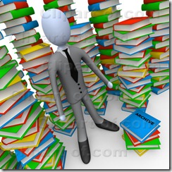 Businessman Doing Research In A Library Full Of An Unorganized Mess Of Colorful Stacked Books Clipart Illustration Image