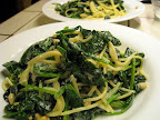 Another favorite, easy meal: spaghetti with spinach and mascarpone, meyer lemon, and pine nut sauce. Soo easy and so tasty. We use less pasta and more broccoli to make it healthier. Yum, yum.