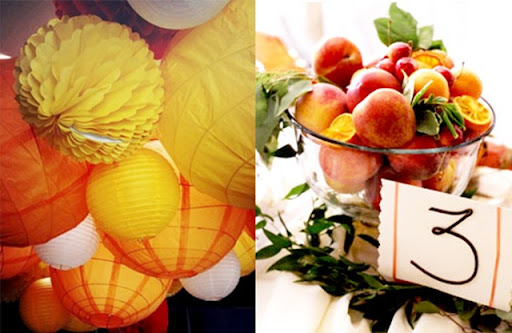 Orange and yellow paper lanterns from Poppytalk and peach centerpiece from