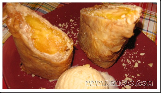 Mangos wrapped in Turon Wrapper, Froze, then Fried, served with a scoop of ice cream!