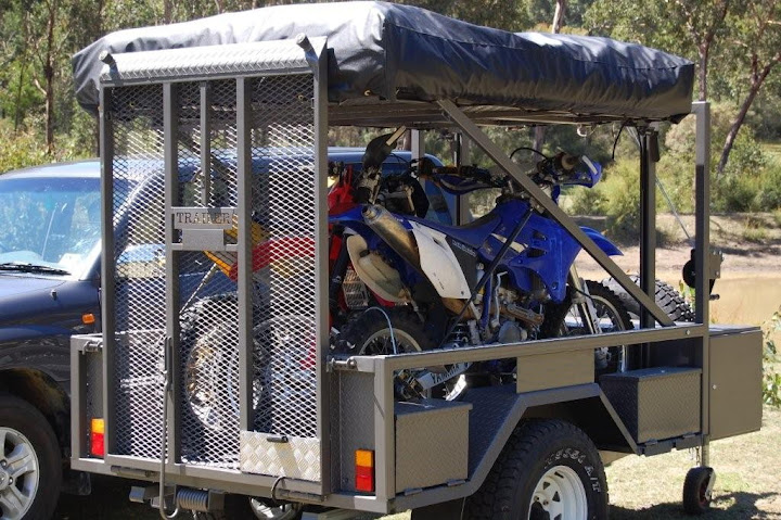 Motorbike Camper Trailer with Tent and 3 Dirt Bikes