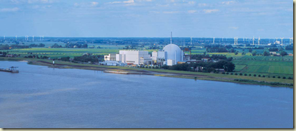 Renewables and nuclear working together near the Elbe: the Brokdorf nuclear plant in Germany.