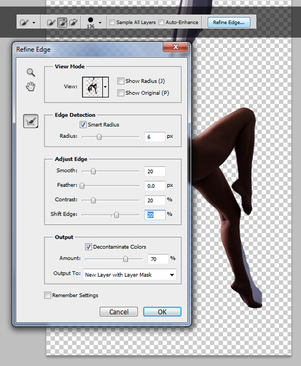 Opções de Refine Edge Opções de Refine Edge