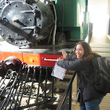 Katie tries to stop the locamotive (easy since it wasn't moving)