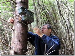 Andrea Madinelli, tecnico dell'universit&agrave; di Udine, posiziona la trappola fotografica