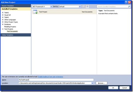 Add new test project in VS2010
