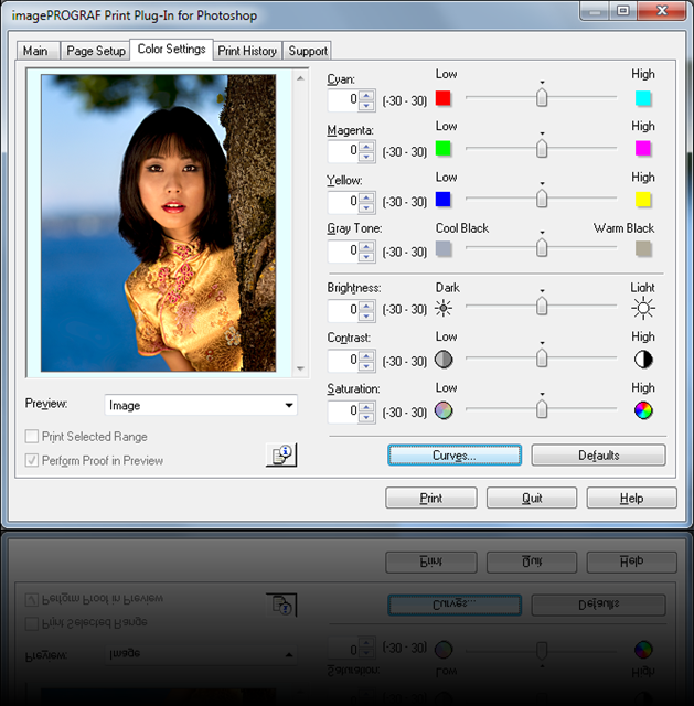 imagePROGRAF Print Plug-In Color Settings Tab