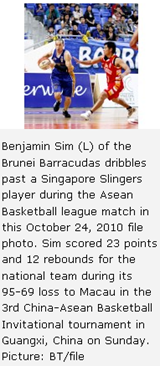 Benjamin Sim (L) of the Brunei Barracudas dribbles past a Singapore Slingers player during the Asean Basketball league match in this October 24, 2010 file photo. Sim scored 23 points and 12 rebounds for the national team during its 95-69 loss to Macau in the 3rd China-Asean Basketball Invitational tournament in Guangxi, China on Sunday. Picture: BT/file 
