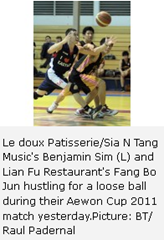 Le doux Patisserie/Sia N Tang Music's Benjamin Sim (L) and Lian Fu Restaurant's Fang Bo Jun hustling for a loose ball during their Aewon Cup 2011 match yesterday.Picture: BT/ Raul Padernal 