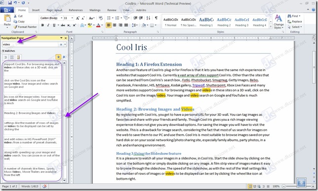 Word 2010 search