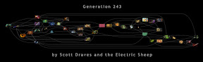 The piece is a non-linear video; this is a map to it. Each line in the diagram represents a transition clip, each image represents a loop clip.