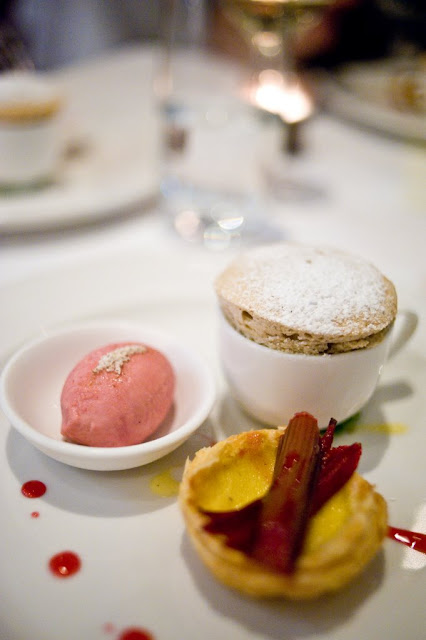 Spice-chai soufflé with rhubarb and custard tart