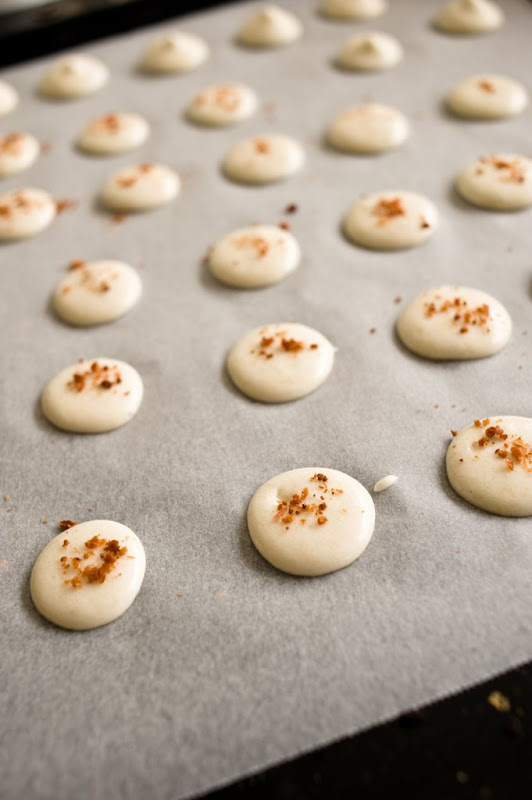 Piped macaronage- pre baking Piped macaronage - pre baking