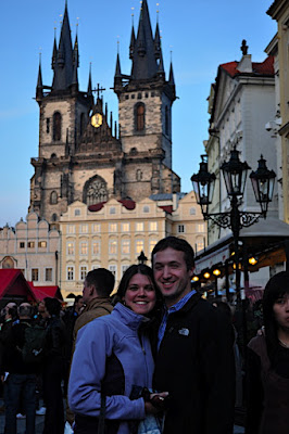 CE Courtney and Eric in Old Town Square by the Astronomical CLock