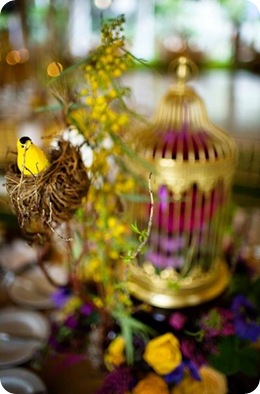 Sara France Photo tablescape gold birdcage purple yellow lovebird theme