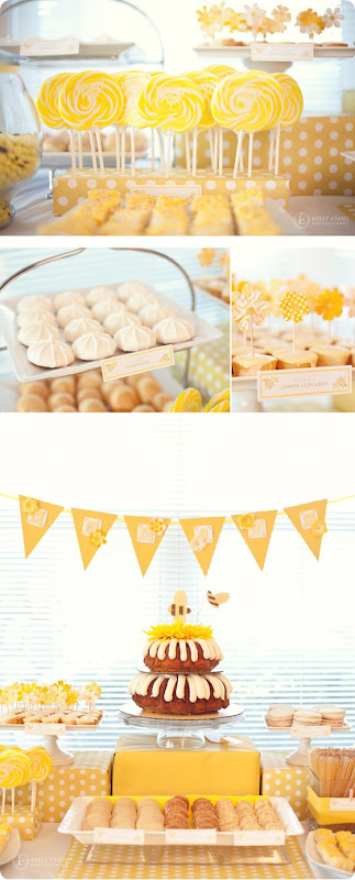 yellow candy cookie table tablescape whimsical bee cake