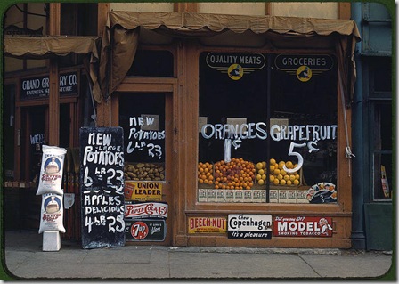 Grand Grocery Company. Lincoln, Nebraska, 1942. Reproduction from color slide. Photo by John Vachon. Prints and Photographs Division, Library of Congress