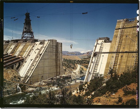 Shasta dam under construction. California, June 1942. Reproduction from color slide. Photo by Russell Lee. Prints and Photographs Division, Library of Congress