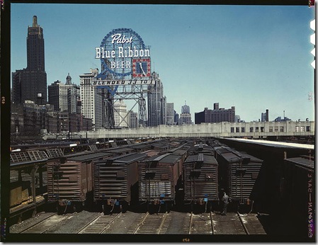 General view of part of the South Water Street freight depot of the Illinois Central Railroad Chicago, Illinois, May 1943. Reproduction from color slide. Photo by Jack Delano. Prints and Photographs Division, Library of Congress