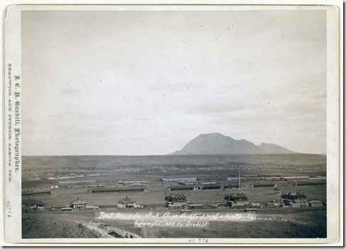 Title: Fort Meade, Dakota. Bear Butte, 3 miles distant
Bird's-eye view of military camp buildings; butte in background. 1888.
Repository: Library of Congress Prints and Photographs Division Washington, D.C. 20540