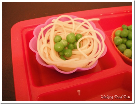 green eggs - aka peas, laid in a nest of angel hair pasta