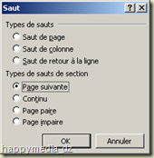 Word 2003, boîte de dialogue "Saut"