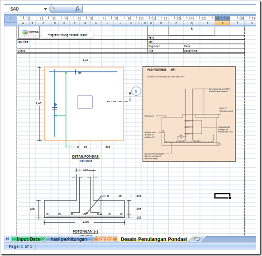 Download Spreadsheet Excel, Perencanaan Pondasi Telapak Bujur Sangkar