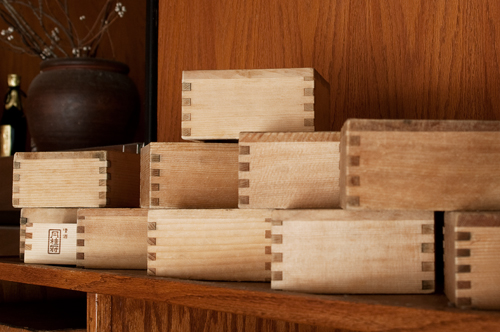 Large boxes made from Japanese cedar used for serving sake on ice