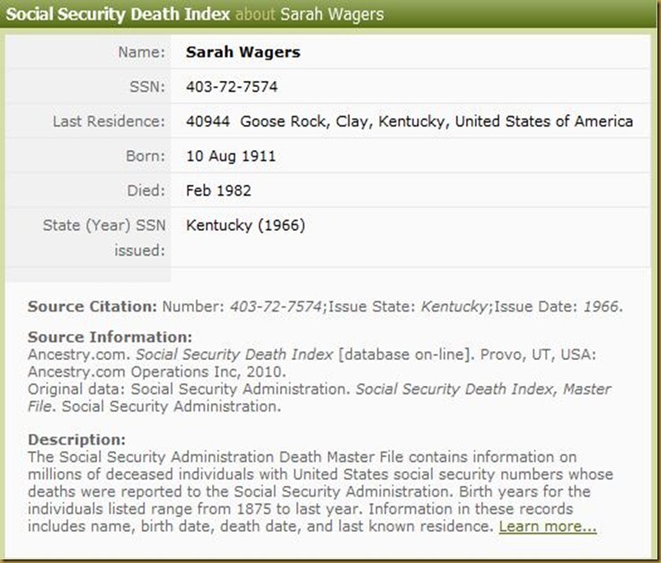 Social Security Death Index about Sarah Wagers