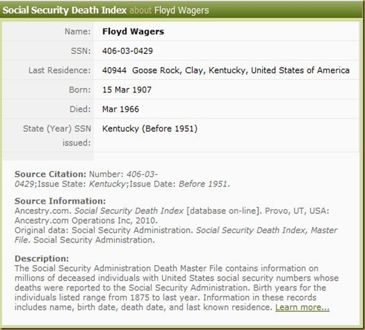 Floyd Wagers SS Death Record