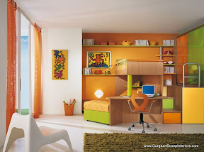 Well Designed Bunk Bed for three Kids and Space for the Study Table with the bright color theme.