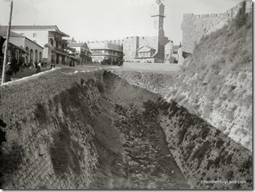 Jerusalem, looking down moat toward clock tower, mat08549 Jerusalem, looking down moat toward clock tower, mat08549