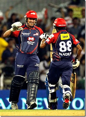Delhi Daredevils' batsman James Hopes, left, celebrates with Shahbaz Nadeem after their victory