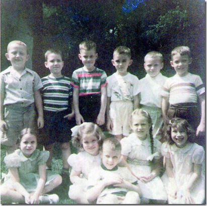 John Flora's 6th birthday. Pictured are (from left, front) Nancy Jackson, Sally Kent, John Flora, Susan Kent and Jeannie Taylor. (back) Jack Klepinger, the two Wasson brothers from Flora, Walter Popejoy, Bill Blythe and Bill Sieber.