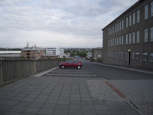 Looking east down a street over central and eastern Reykjavík.